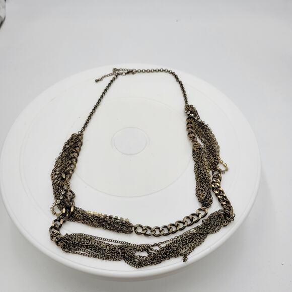 Vtg Layered Chain Necklace 28" Gold Tone Beaded Rhinestone Accent Rustic Rocker - Picture 5 of 12